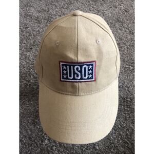 VINTAGE USO SUPPORT OUR TROOPS TRUCKERS HAT CAP ADJUSTABLE TAN